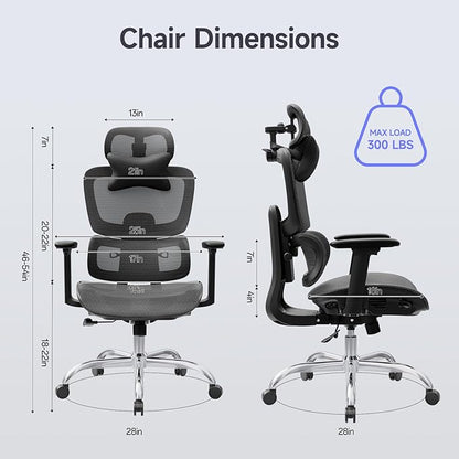 Ergonomic Office Chair with 3D Headrest, Computer Chair with Adjustable Backrest & 3D Armrest, Gaming Chair with Adaptive Lumbar Support, Mesh Backrest & Cushion, Black