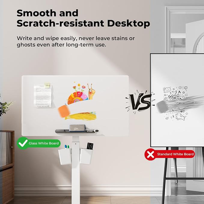 35" Glass Mobile Standing Desk with 90° Tilt, Rolling Whiteboard on Wheels | Height Adjustable Portable Drafting Table with Storage, Small Foldable Laptop Desk for School Home Office, White