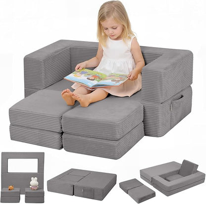 MeMoreCool Modular Kids Couch – Light Grey Foam Play Sofa Bed Convertible Toddler Couch | Soft Corduroy Cover | Washable | Bedroom & Playroom Furniture