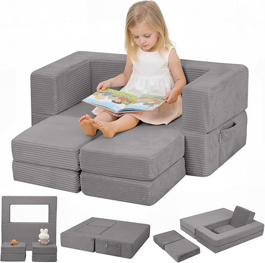 MeMoreCool Modular Kids Couch – Light Grey Foam Play Sofa Bed Convertible Toddler Couch | Soft Corduroy Cover | Washable | Bedroom & Playroom Furniture