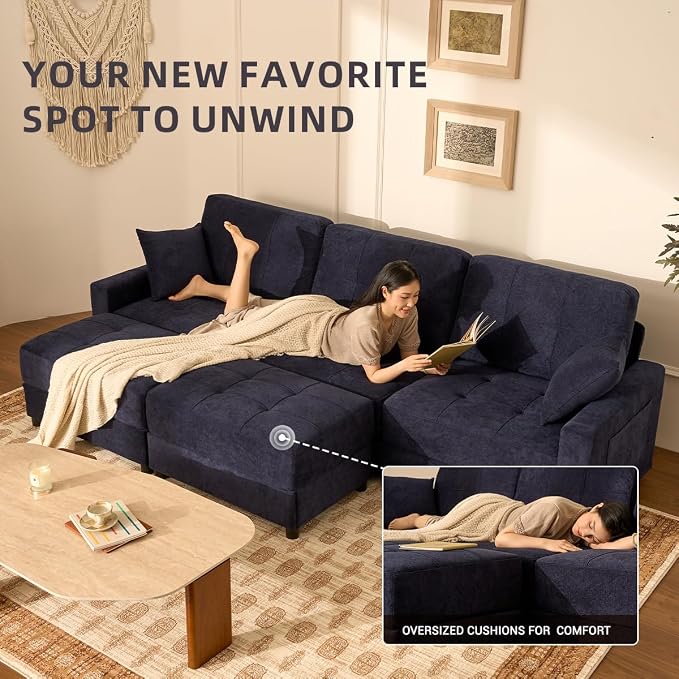 112" U Shaped Modular Cloud Sectional Couch, Waffle Fabric, Navy | Modular Deep Seat Sofa, Movable Ottoman, Pocket Spring Cushions, 2-Box Delivery, Living Room Lounge Use, Not Boneless
