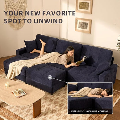 112" U Shaped Modular Cloud Sectional Couch, Waffle Fabric, Navy | Modular Deep Seat Sofa, Movable Ottoman, Pocket Spring Cushions, 2-Box Delivery, Living Room Lounge Use, Not Boneless