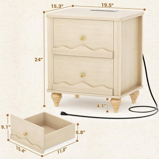 Cyclysio Natural Wood Nightstand with Charging Station, Scalloped Bedside Table with 2 Smooth Drawers, Modern End Table with Solid Wooden Legs for Bedroom and Small Spaces