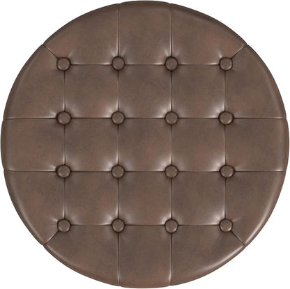 HomePop 19" Faux Leather Button Tufted Round Storage Ottoman - Brown