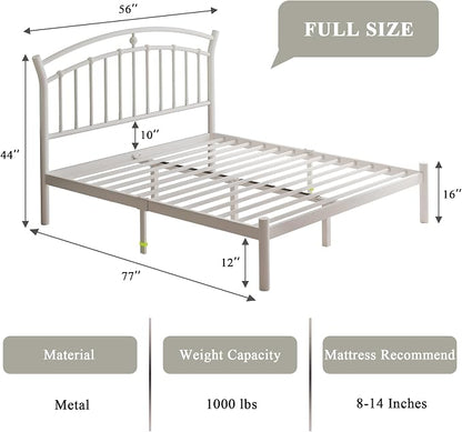 Feonase Full Size White Bed Frame, Heavy-Duty Metal Bed Frame with 13 Hardened Steel Slats, 12" Under-Bed Storage, Noise-Free, Easy Assembly