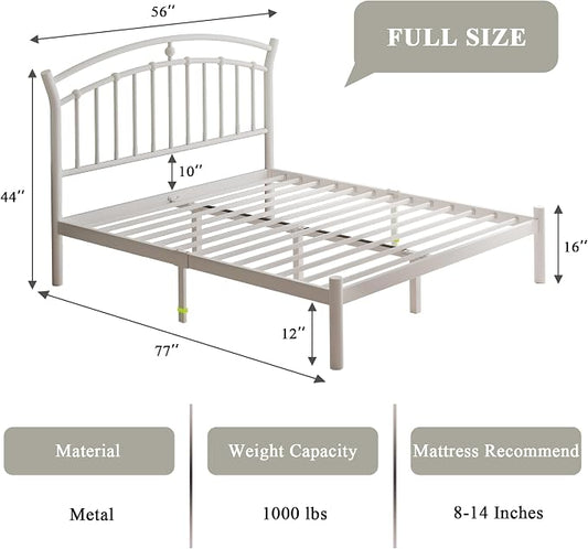 Feonase Full Size White Bed Frame, Heavy-Duty Metal Bed Frame with 13 Hardened Steel Slats, 12" Under-Bed Storage, Noise-Free, Easy Assembly
