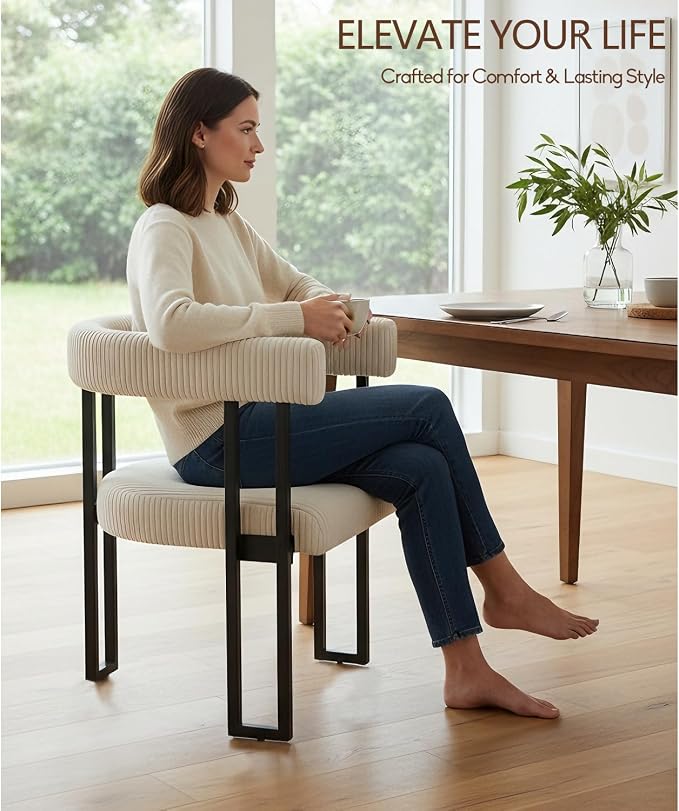 VIRRMO Boucle Upholstered Dining Chairs Set of 2 Corduroy Kitchen & Dining Room Chairs with Metal Legs Mid Century Modern Chairs for Dining Room(Cream, 2)
