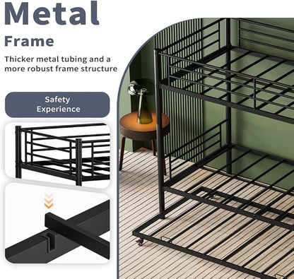 Metal Triple Bunk Bed, Twin Over Twins with Trundle, Heavy Duty Beds Frame with Ladder and Safety Rails for Small Bedroom, Space-Saving Noise Free (Black)