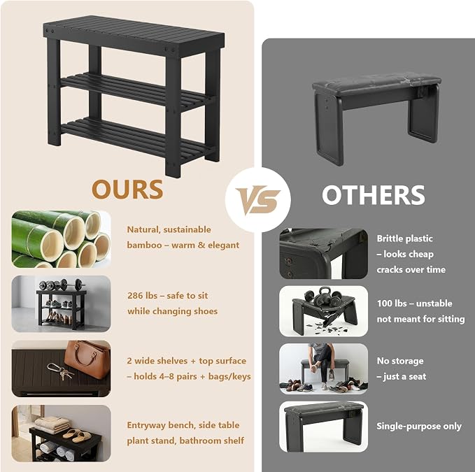Sweetcrispy 3-Tier Shoe Rack Bench for Entryway, 27 Inches, Black | Bamboo Shoe Storage Bench, Shoes Rack for Entrance, Bedroom, Living Room, Balcony, 6 Pairs, 286lb Capacity