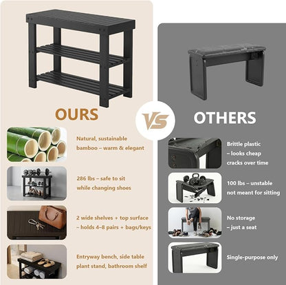 Sweetcrispy 3-Tier Shoe Rack Bench for Entryway, 27 Inches, Black | Bamboo Shoe Storage Bench, Shoes Rack for Entrance, Bedroom, Living Room, Balcony, 6 Pairs, 286lb Capacity