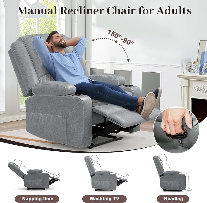 Yolsali Recliner Chairs for Adults, Oversize Manual Reclining Chair with 2-Tier Cushions, PU Leather Recliner Chair with Hidden Storage Space, Living Room Recliner Chairs with Cup Holders - PU Grey