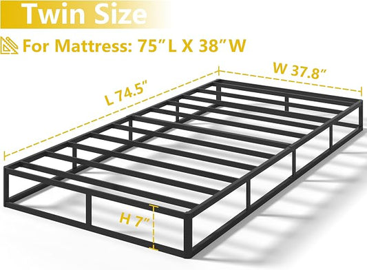 Qingzhou Box Spring Twin Bed Bases, 7 Inch High Metal Twin Box Spring Only, Heavy Duty Mattress Foundation with Fabric Cover, Easy Assembly, Quiet Noise Free, Non Slip, Black