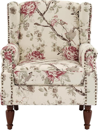 High Back Accent Chair, Fabric Wingback Chair Upholstered Armchair for Living Room - Beige Floral