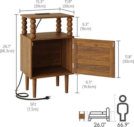 Veegle Nightstand with Charging Station,Modern Bedside Table with Storage Drawer and Open Wood Shelf, for Bedroom and Small Spaces,Night Stand with Solid Wood Legs (Walnut Brown)