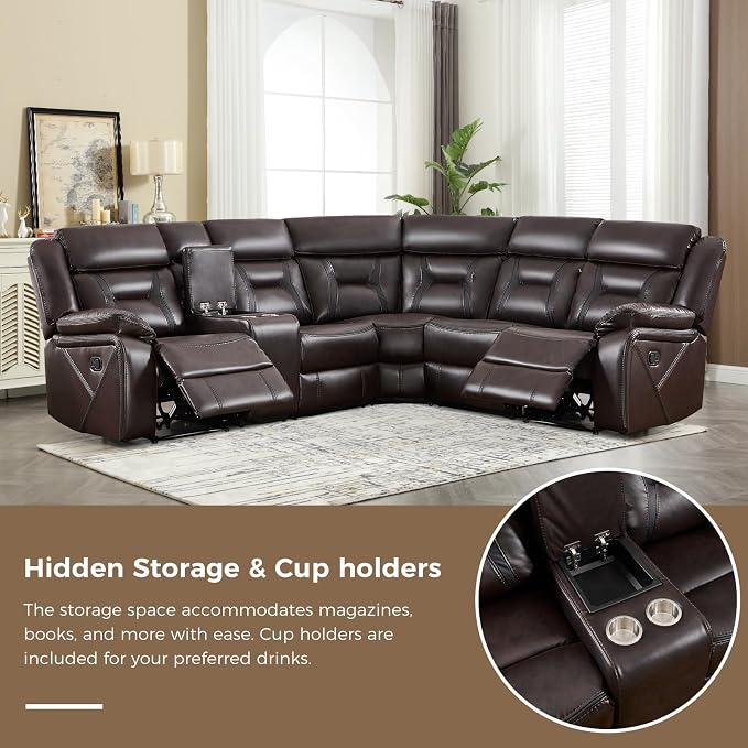 EBELLO Faux Leather Reclining Sectional Sofa Set for Living Room, 1 Recliner Chair and L-Shaped Reclining Couches Home Furniture Set with Center Console, Hidden Cup Holders and Storage, Dark Brown