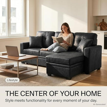 TYBOATLE Convertible Sofa Bed Couch with Reversible Storage Chaise, 71" L Shaped Pull Out Couch Bed, Comfy Linen Fabric Sleeper Sofa for Living Room, Apartment & Guest Room (Black)