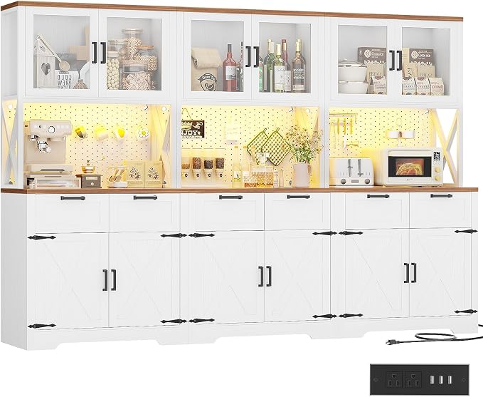 Unikito 94.5" Wide Kitchen Pantry Cabinet with 3 Power Outlets & LED Light, 71" Tall Large Kitchen Hutch with Countertop, DIY Pegboard with 18 Hooks & 6 Drawers, Farmhouse Food Pantry, Rustic White
