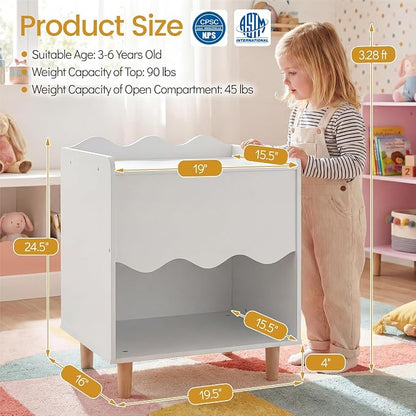 Costzon Nightstand, Kids Scalloped Side Table w/Wide Top, Large Storage Compartment & Solid Rubber Wood Legs, Wooden End Table for Children's Play Room, Bedroom, Living Room (White)