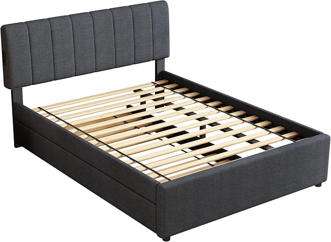 Full Size Upholstered Platform Bed with Pull-Out Trundle Bed | Twin Size Trundle, LED Lighting Controlled by APP, USB+Type-C Charging Ports, Linen Upholstered Bed Frame,Dark Grey