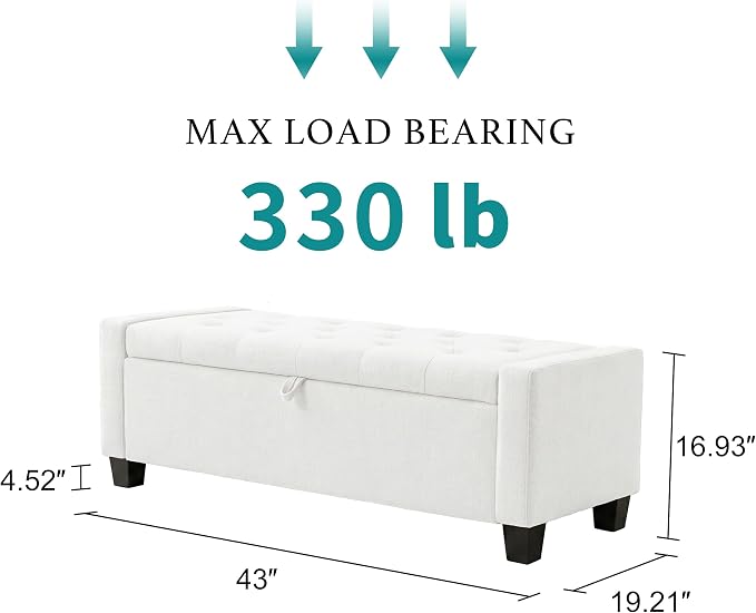 Huatean Home 43" Ottoman with Storage, White Storage Ottoman Bench with Safety Hinge, Upholstered Entryway Bench with Seating for Bedroom, Living Room, Holds up to 330 lb