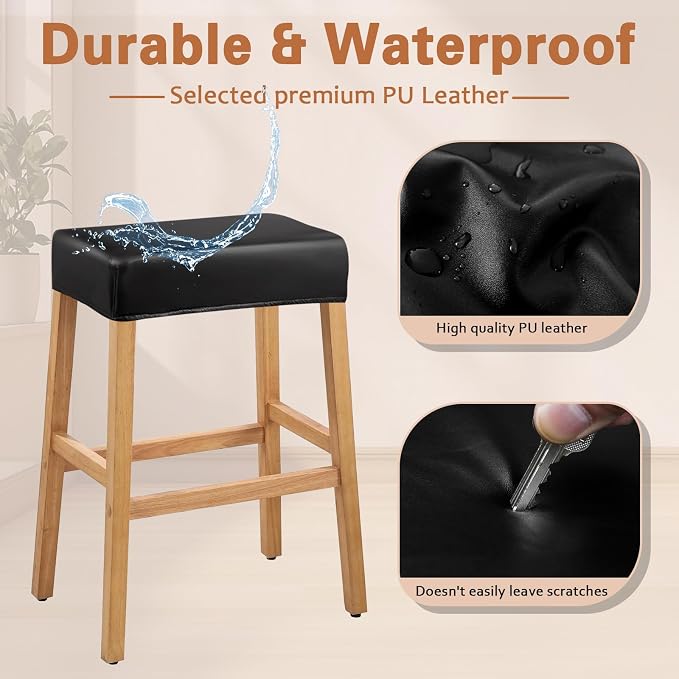 PU Leather Bar Stool Covers Rectangular, 100% Waterproof Stool Covers Rectangle Super Stretch 20% Thicker Leather Saddle Stools Cover Rectangular Counter Bar Stools with Elastic Band (6 PCS, Black)
