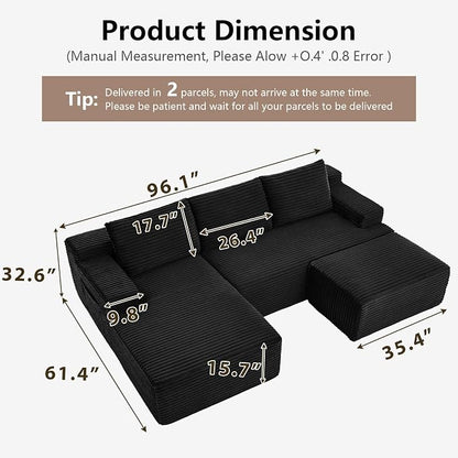 96" Cloud Sectional Couch U-Shaped Chaise with Ottoman, Corduroy Boneless Couch for Living Room Bedroom, Deep-Seat Upholstered Modular Cloud Sofa, No Assembly Required (Black, Left Facing Chaise)