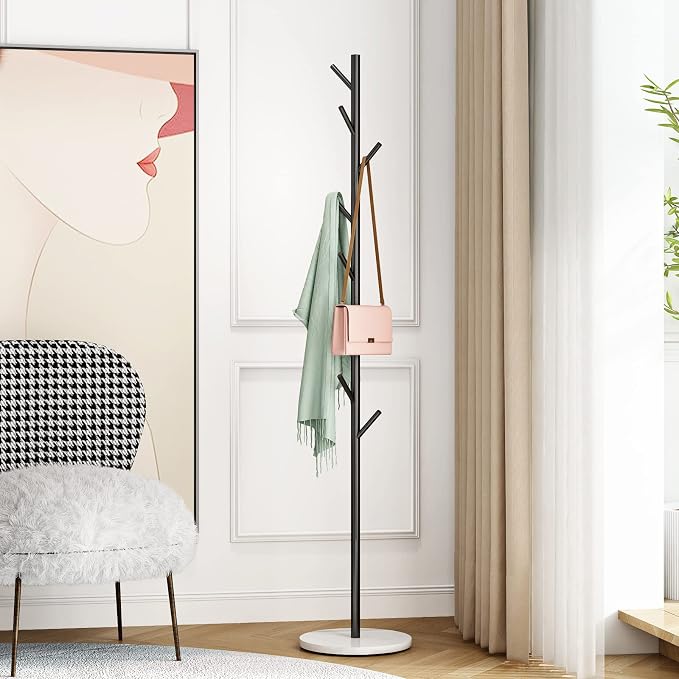 DOORXIFO Black Metal Coat Rack, Freestanding with Hooks, Entryway Coat Rack Stand, Coat Racks with Marble Base, Coat Tree for Hanging Clothes, Hats, Bags