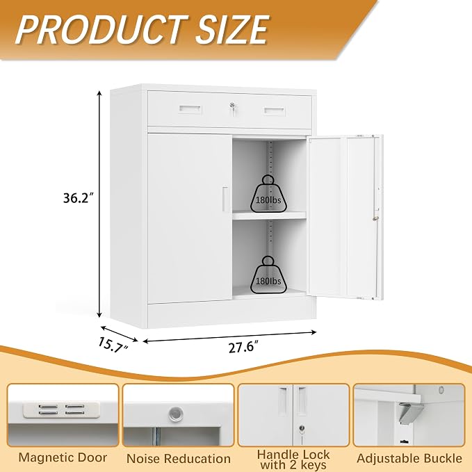 36" H Metal Cabinet, Garage Storage Cabinet, Locking Storage Cabinet, Metal Cabinets with Doors and Shelves for Home, School, Office, Garage, White
