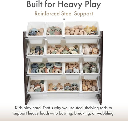 Humble Crew Toy Storage Organizer with 12 Removable Storage Bins for Kids Playroom, 4-Tier Toddler Toy Organization, Espresso/White
