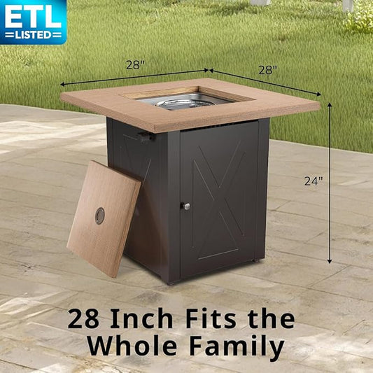 Hexago 28 Inch Propane Fire Pit Table, Gas Square Outdoor Fire Table Dinning with Lid, Lava Stone, 50000BTU, ETL Certification, for Outside Garden Backyard Deck Patio