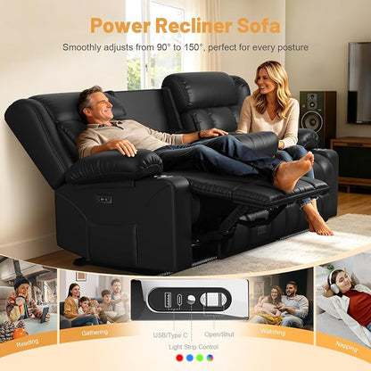Power RV Loveseat Recliner Sofa, Electric Reclining Loveseat Couch with Flip Backrest, 3 Seat RV Recliner Sofa with USB & Type-C Ports, Zero Wall Hugger RV Furniture with Storage & LED Light