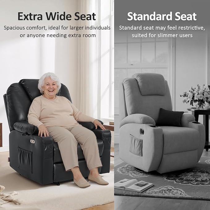MCombo Extra Wide Power Lift Recliner Chair for Elderly, Lift Chair with Heat and Massage for Big People, USB&Type C Ports, Cup Holders, Faux Leather R7045 (Black, Medium-Wide)
