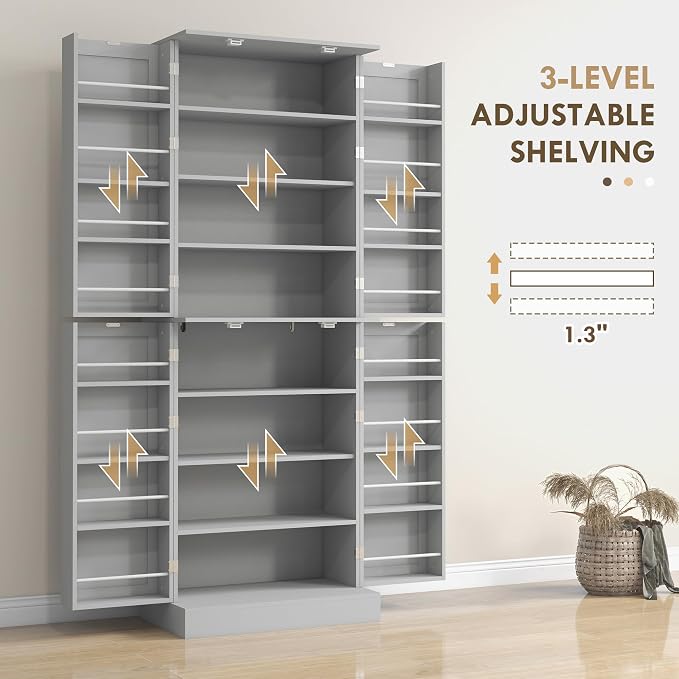 HOMCOM 65" Kitchen Pantry Storage Cabinet, Freestanding Kitchen Cabinet with 16 Door Shelves, Double Doors, 8-Tier Shelving and Adjustable Shelves, Gray