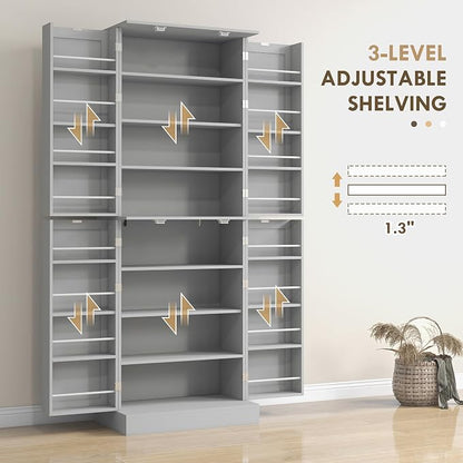 HOMCOM 65" Kitchen Pantry Storage Cabinet, Freestanding Kitchen Cabinet with 16 Door Shelves, Double Doors, 8-Tier Shelving and Adjustable Shelves, Gray