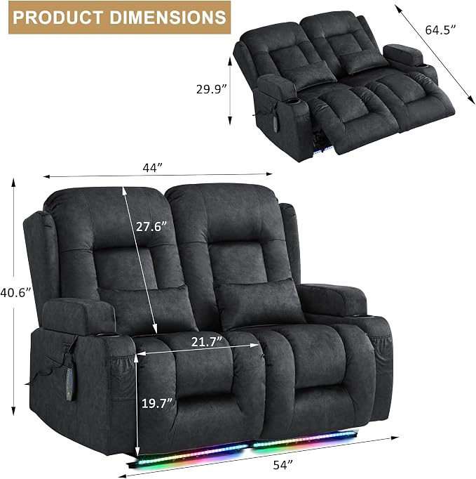 URRED Power Loveseat Recliner Sofa with Massage and Heat, Wall Hugger Reclining Loveseat, RV Couch Home Theater Seating with LED Lights for Living Room (Dark Grey, 54" - 2 Seats)