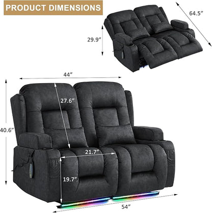 URRED Power Loveseat Recliner Sofa with Massage and Heat, Wall Hugger Reclining Loveseat, RV Couch Home Theater Seating with LED Lights for Living Room (Dark Grey, 54" - 2 Seats)