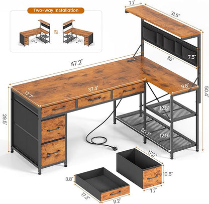 SEDETA L Shaped Desk with Drawers and Hutch, 47.2" Reversible Office Computer Desk with 5 Fabric Drawers, L Shaped Desk with Storage Shelves, Power Outlet and LED Lights for Home Office, Rustic Brown