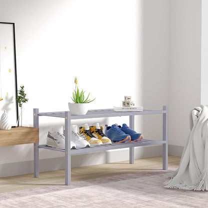 ROMGUAR CRAFT 2 Tier Bamboo Shoe Rack for Closet Free Standing Wood Shoe Shelf for Entryway Small Space Stackable 27"x11"x13" (Grey)