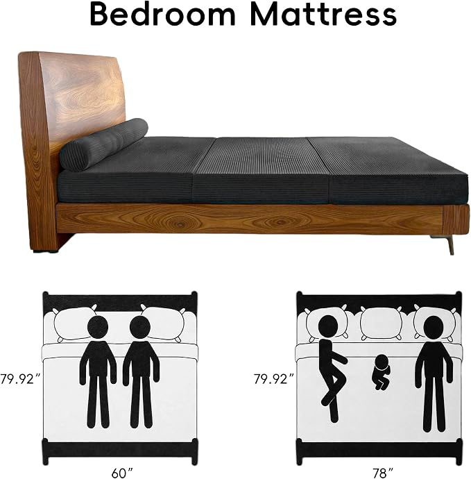 78" Boneless Couch, 5-in-1 Convertible Sofa Bed Tri Folding Mattress with Removable L-Shaped Armrests, Corduroy Futon Couch Sleeper with Pull Out Bed for Living Room Bedroom Apartment, Black