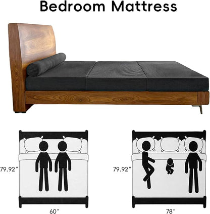 78" Boneless Couch, 5-in-1 Convertible Sofa Bed Tri Folding Mattress with Removable L-Shaped Armrests, Corduroy Futon Couch Sleeper with Pull Out Bed for Living Room Bedroom Apartment, Black