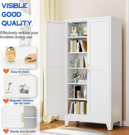 GAIOUS 75.2" Tall Metal Storage Cabinet, Kitchen Pantry Cabinet White | Food Storage, Kitchen Organizer, Freestanding Cupboard with 2 Doors and 5 Adjustable Shelves, 6 Tier, Steel,for Office Dining