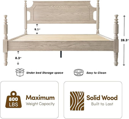Solid Wood Queen Size Platform Bed Frame with Headboard & Footboard, Metal Legs, 12 Sturdy Slats, Easy Assembly, Anti-Slip & Noise-Free, No Box Spring Needed, Queen Size, Driftwood Gray Oak, ROQ-33