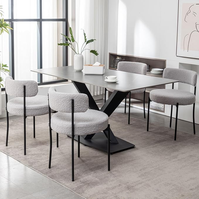 Cinxzar Boucle Dining Chairs Set of 4, Upholstered Dining Room Chairs with Black Metal Legs, Round Modern Dining Chair for Dining Room, Kitchen (Light Grey)