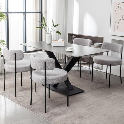 Cinxzar Boucle Dining Chairs Set of 4, Upholstered Dining Room Chairs with Black Metal Legs, Round Modern Dining Chair for Dining Room, Kitchen (Light Grey)