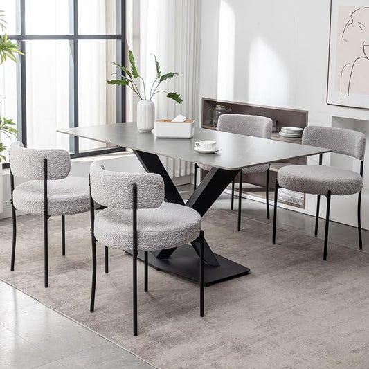 Cinxzar Boucle Dining Chairs Set of 4, Upholstered Dining Room Chairs with Black Metal Legs, Round Modern Dining Chair for Dining Room, Kitchen (Light Grey)