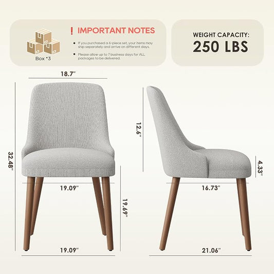 MALOL Dining Chairs Set of 6, Upholstered Dining Room Chair with Wood Legs, High-Back Padded Kitchen Chairs for Dining Room/Restaurant/Cafe, Light Grey