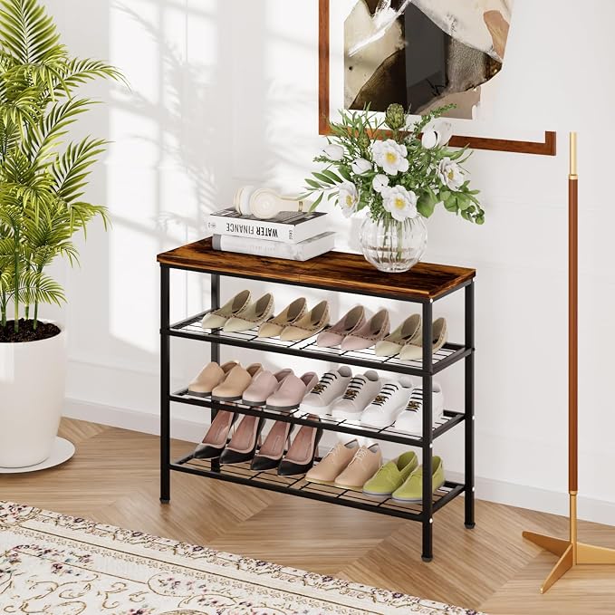 4-Tier Metal Shoe Rack with Wood Top - Durable & Space-Saving Shoe Organizer,Industrial Shoe Organizer Shelf Bench Storagefor Closet Entryway, Bedroom & Hallway - Bronze+Black 28.5 W × 25.5" H