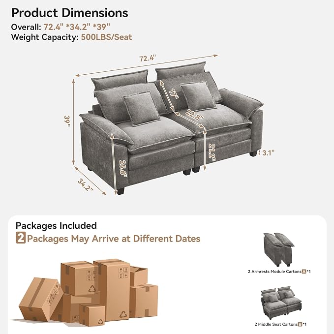 72'' Cloud Modern Loveseat Couch with Detachable Headrest, Modular Sectional Sofa Couch Deep Love Seat, Oversized 2 Seater Chenille Comfy Sofa with Armrests for Living Room, Light Grey