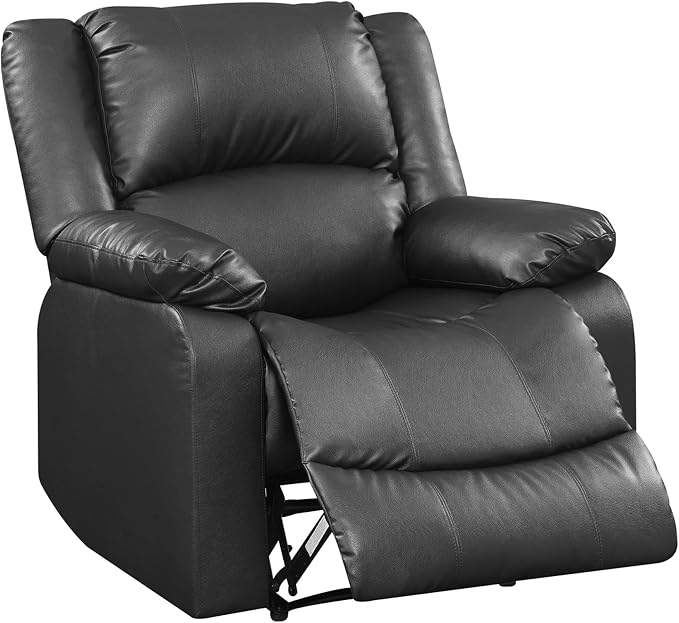 Warren 35.5" Manual Pull-Handle Recliner, Traditional Overstuffed, Pocket Coil Comfort, Black Metal Base Legs, Soft Vegan Leather Fabric, Black