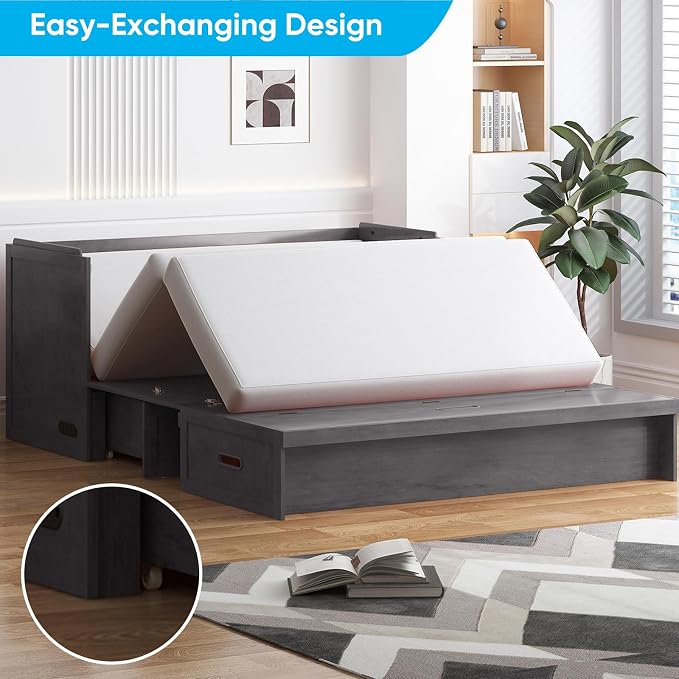 Mjkone Murphy Bed with Tri-Folding Mattress, Queen Hidden Cabinet Bed with Built-in USB Charging Station and 2 Storage Drawers, Foldable Wall Cabinet Beds for Living Room/Guest Room/Apartment, Gray